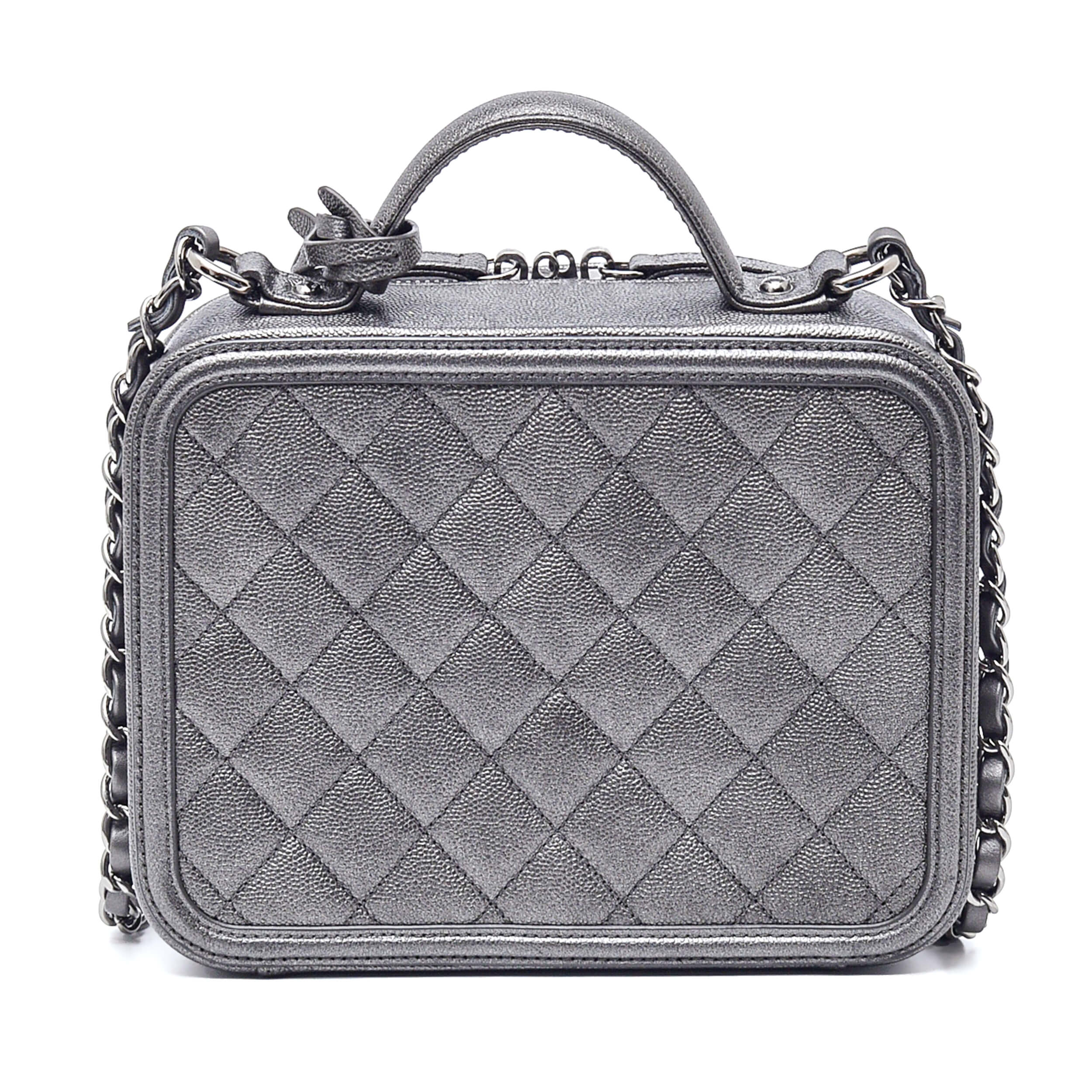 Chanel - Metallic Silver Quilted Caviar Leather Medium CC Filigree Vanity Case Bag 
